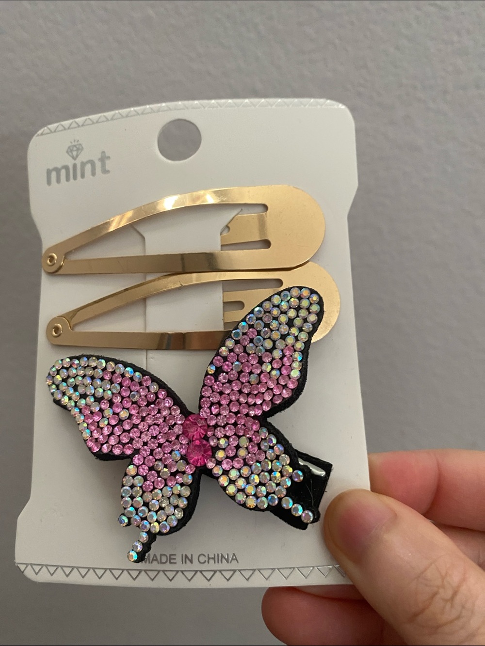 Mint Pink & Iridescent Rhinestone Butterfly Clip Set